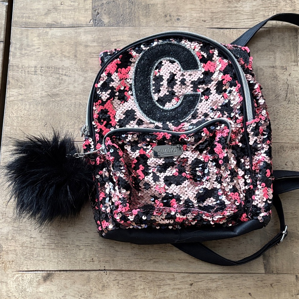 Justice Pink and Black Sequin Backpack with kitty ears, and with Pom Pom